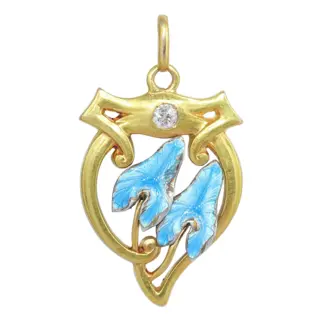 Ca. 1900 Arts and Crafts Art Nouveau Gold Enamel Diamond Pendant