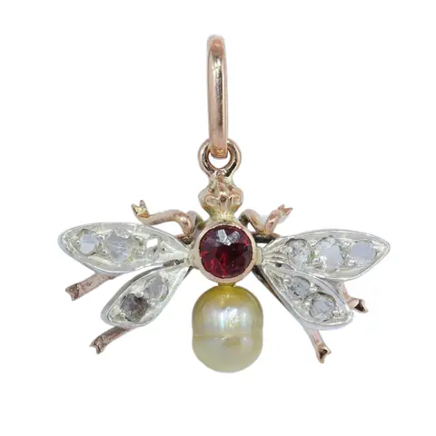Victorian fly or bee pendant with rose cuts, paste and pearl, circa 1900