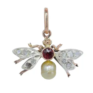 Victorian fly or bee pendant with rose cuts, paste and pearl, circa 1900