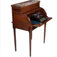 Frans cilinderbureautje in donker mahonie met donkerblauw leer en gepatineerd brons ca 1880