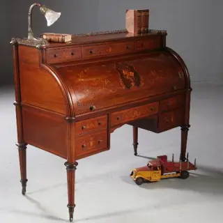 Groot chique mahonie trommel- of Cilinderbureau ±1860 rijk ingelegd