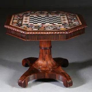 Antieke tafel / schaaktafel / centertable ca. 1840 met pietra dura blad op Palissander voet