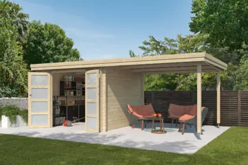 NIEUW Modern blokhut 3702EXT300 met overkapping.