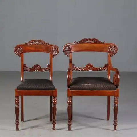 6 eetkamerstoelen + 1 armstoel  incl. bekleding naar wens ca. 1835
