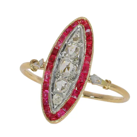 Ruby Framed Art Deco Ring with Rose Cut Diamonds, France circa 1920
