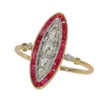 Ruby Framed Art Deco Ring with Rose Cut Diamonds, France circa 1920