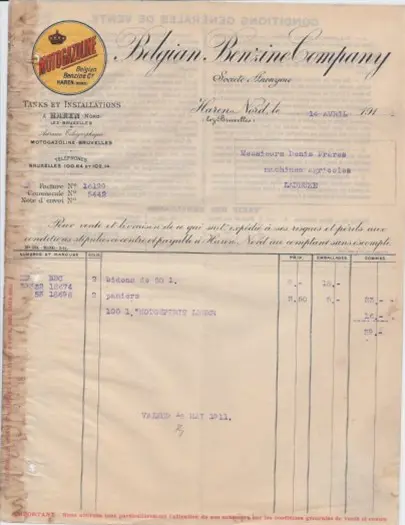 Oude factuur Belgian Benzine Company, Brussel, 1911