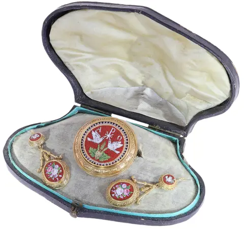 Antique Micromosaic Gold Brooch and Earrings Suite in 18K Gold, Circa 1870