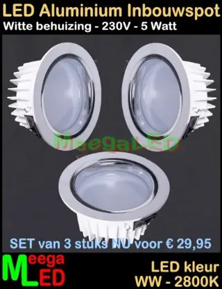 LED luxe inbouwspot WIT 5W warmwit SET 3 stuks MPA10 - IP44
