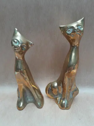set van 2 vintage messing katten poezen beelden