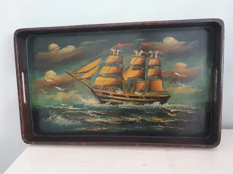 Vintage beschilderd houten dienblad - driemaster zeilschip