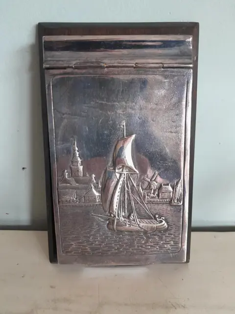 antique silver plate bloc note holder - Dutch scene