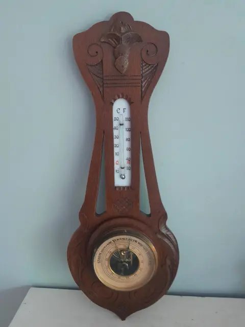 Antieke barometer weerstation - Art Nouveau - hout - Nederlands