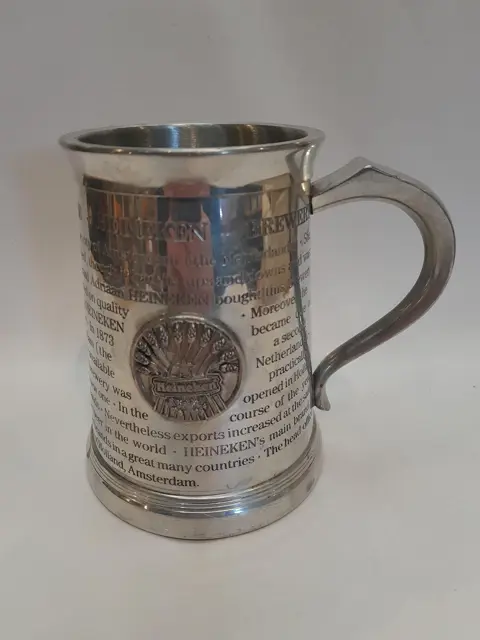 Vintage tinnen bierpul met de geschiedenis van de Heineken brouwerij - Amsterdam - English Pewter