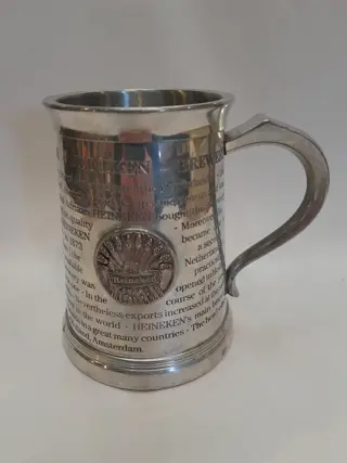 Vintage tinnen bierpul met de geschiedenis van de Heineken brouwerij - Amsterdam - English Pewter