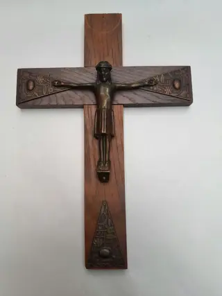 Houten kruis crucifix - messing Jezus