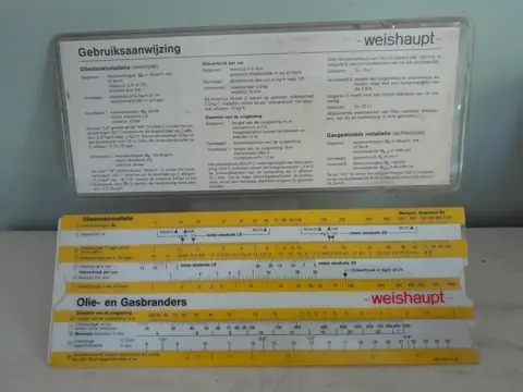 Vintage Weishaupt rekenliniaal oliebranders en gasbranders