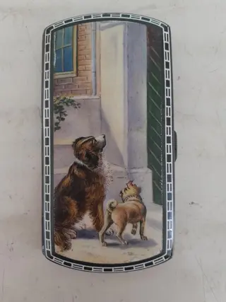 antique silver and enamel cigarette case - dogs decoration