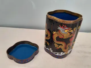Vintage cloisonne enamel Chinese dragon canister - blue