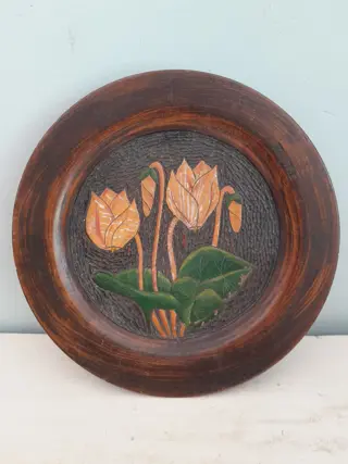 vintage houten wandbord waterlelie - May-mic houtsnijwerk