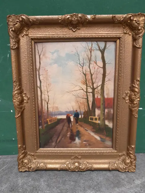 schilderij Charles Paul Gruppe - boer met koe - olieverf op houten paneel - 1920s