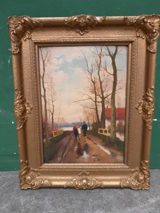 schilderij Charles Paul Gruppe - boer met koe - olieverf op houten paneel - 1920s
