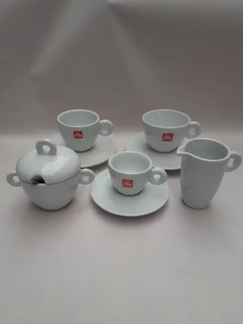 Illy coffee cappuccino and espresso cups with milk and sugar set