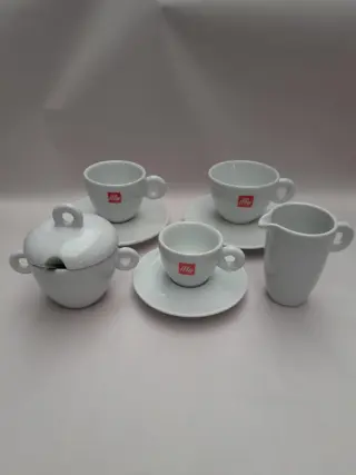 Illy coffee cappuccino and espresso cups with milk and sugar set