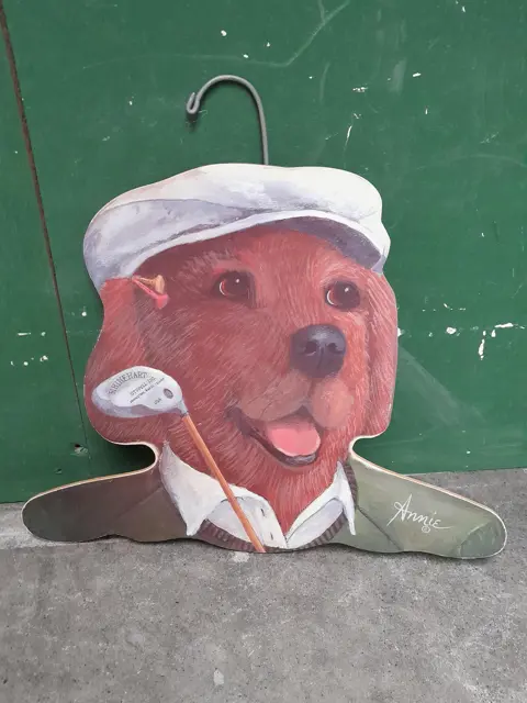 Vintage Annie Rhinehart Stupell wooden dog clothing hanger - golf