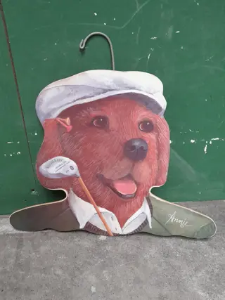 Vintage Annie Rhinehart Stupell wooden dog clothing hanger - golf