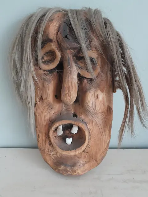 Vintage Tschäggättä masker - Zwitserland Lötschental - houtsnijwerk - jaren 70