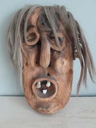 Vintage Tschäggättä masker - Zwitserland Lötschental - houtsnijwerk - jaren 70