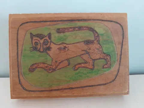 vintage wooden box with cat - jewelry box
