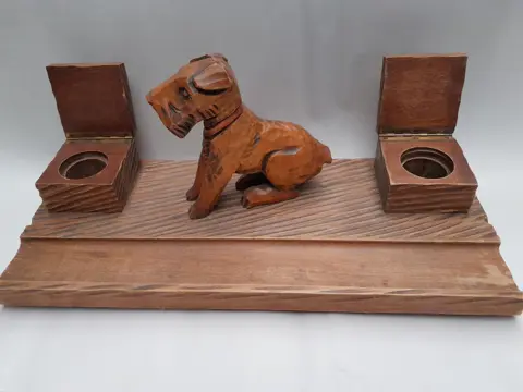 Antique wooden terrier inkwell,  hand carved wooden dog inkwell with pen rest