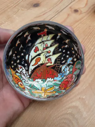 Vintage Jose Cire Royo Spanish glass handpainted enamaled small trinket bowl - signed