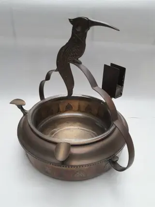Art Deco Ashtray with Unique Bird Cigar Cutter - Brass & Glass Insert - Antique 20s 30s