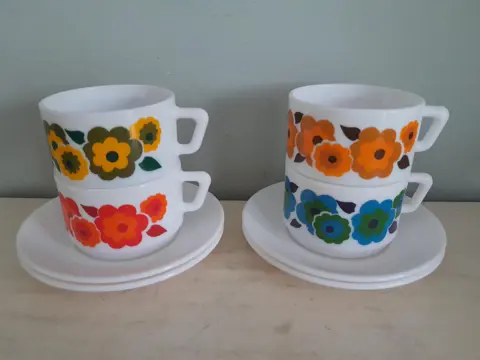 Arcopal kop en schotels Lotusbloemen collectie - vintage design uit de jaren 70 - Frankrijk - Retro Oranje/Rood - Pyrex servies - set van 4
