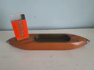 Vintage wooden weaving loom shuttle boat ashtray with matchbox holder