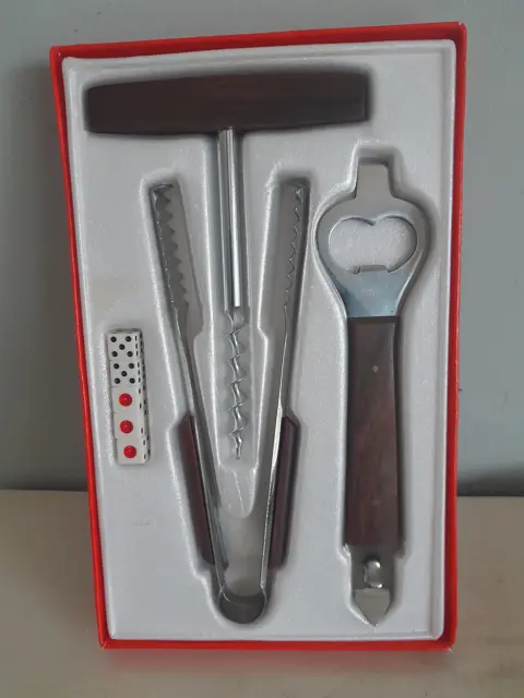 Vintage Mid Century 3 Piece bar set Stainless Steel - Teak - 5 dices