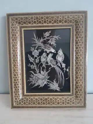 Hout ingelegde lijst - Perzisch - vogels - houtinleg fotolijst handgemaakte houten fotolijst Midden-Oosten