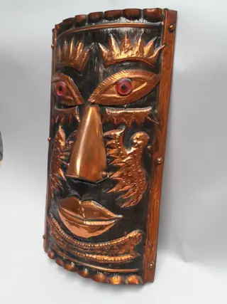 vintage copper Tiki tribal art metal mask hawaiian