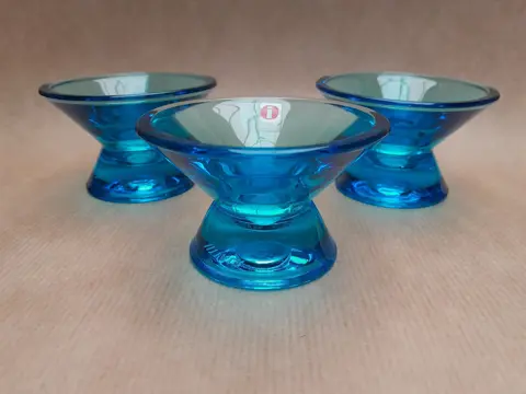 3 x Vintage Iittala Kaj Franck Kartio blauw glazen kandelaar