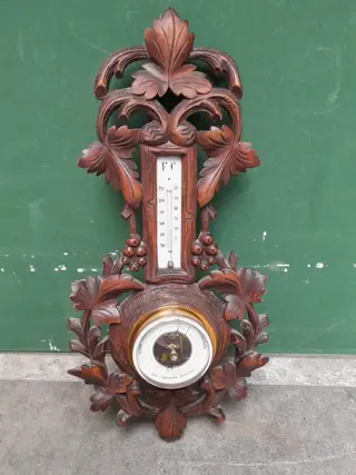 Antique Dutch Carved Wooden Barometer and thermometer by Gebroeders Caminada, Rotterdam