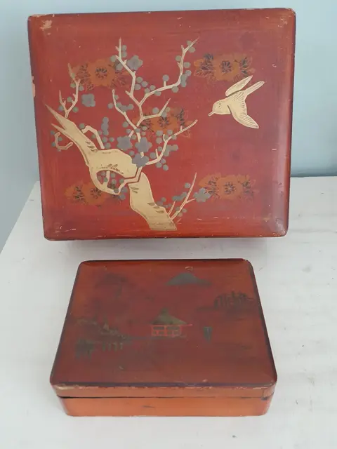Vintage Japans lakwerk sieradendoos - sieraden kistje hout - set van 2