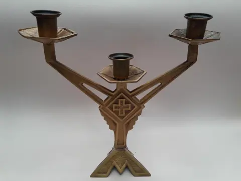 French art deco bronze religious altar candle holder cross
