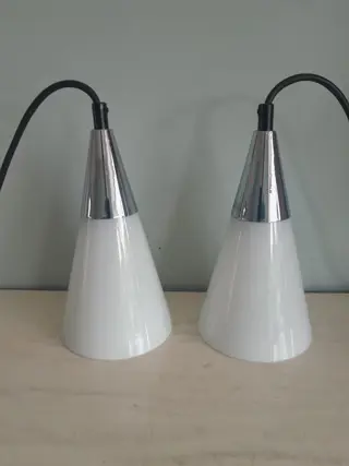 vintage glazen hanglamp -  glas en chroom - Hema - 80s - set van 2