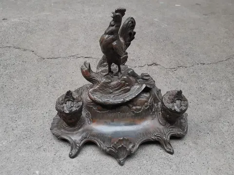 Antique French Spelter Inkwell with Rooster Sculpture Signed A. Bossu - 1900s