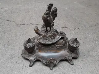 Antique French Spelter Inkwell with Rooster Sculpture Signed A. Bossu - 1900s