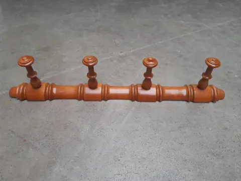Vintage French Wood Wooden Four Knob Coat Rack Hook