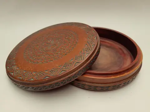 Vintage Yugoslavia Folk Art Carved wood Round Trinket box